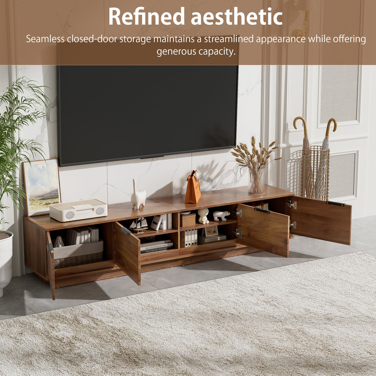 TV Stand, Entertainment Center & Fluted Door & Cable Management, Soft Closing Hinges - Walnut
