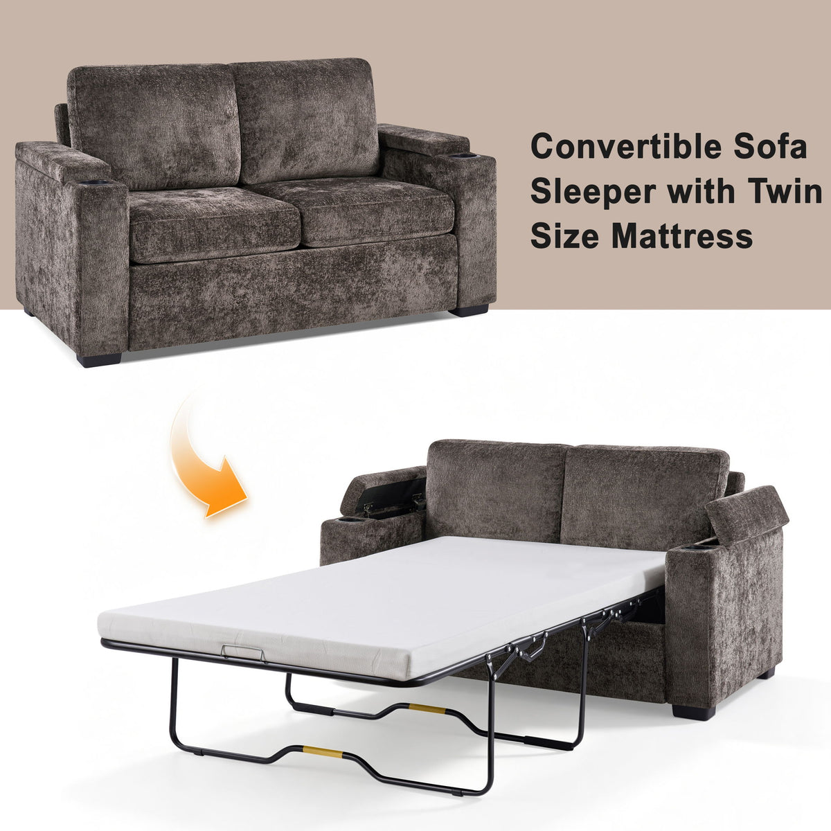 Pull Out Sofa Bed Loveseat With Twin Mattress, Cup Holders And Arm Storage