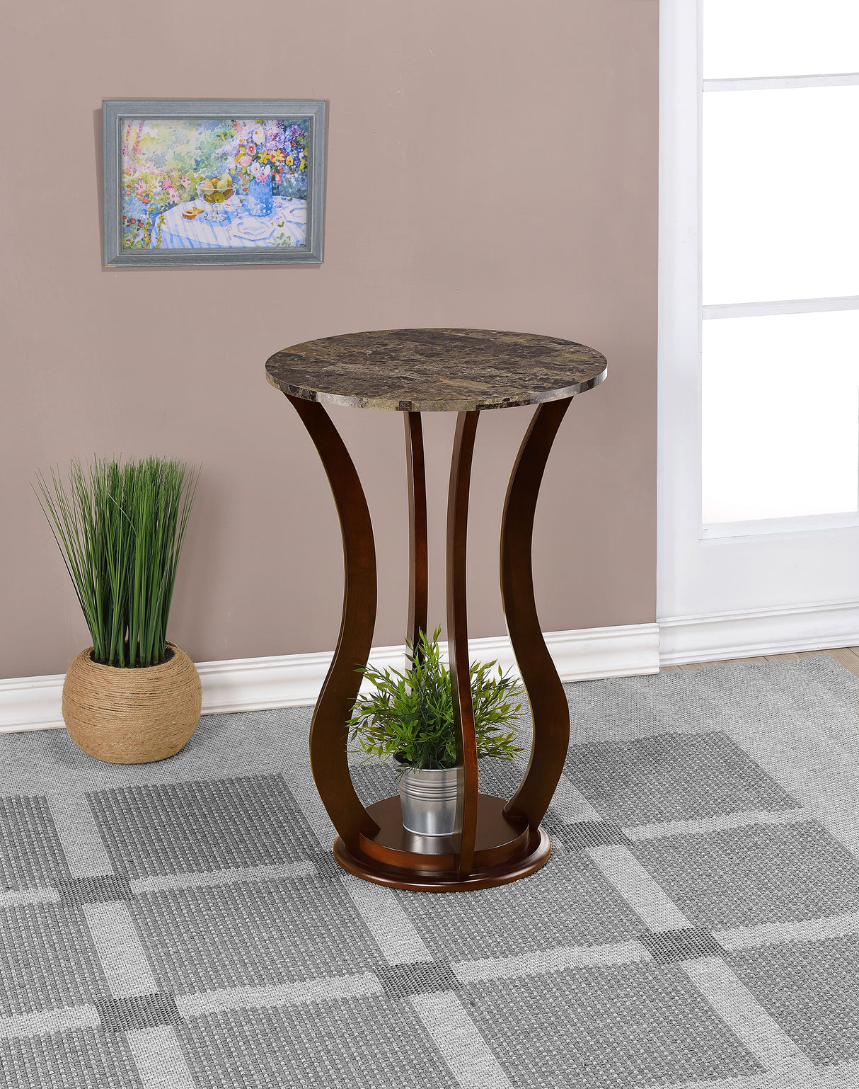 Elton Round Faux Marble Top Plant Stand, Brown