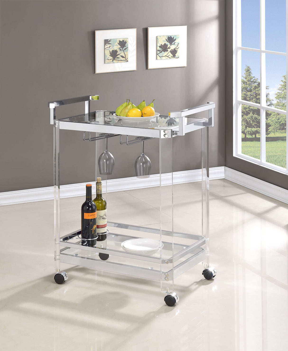 Jefferson 2-Tier Glass Shelf Acrylic Bar Cart Chrome