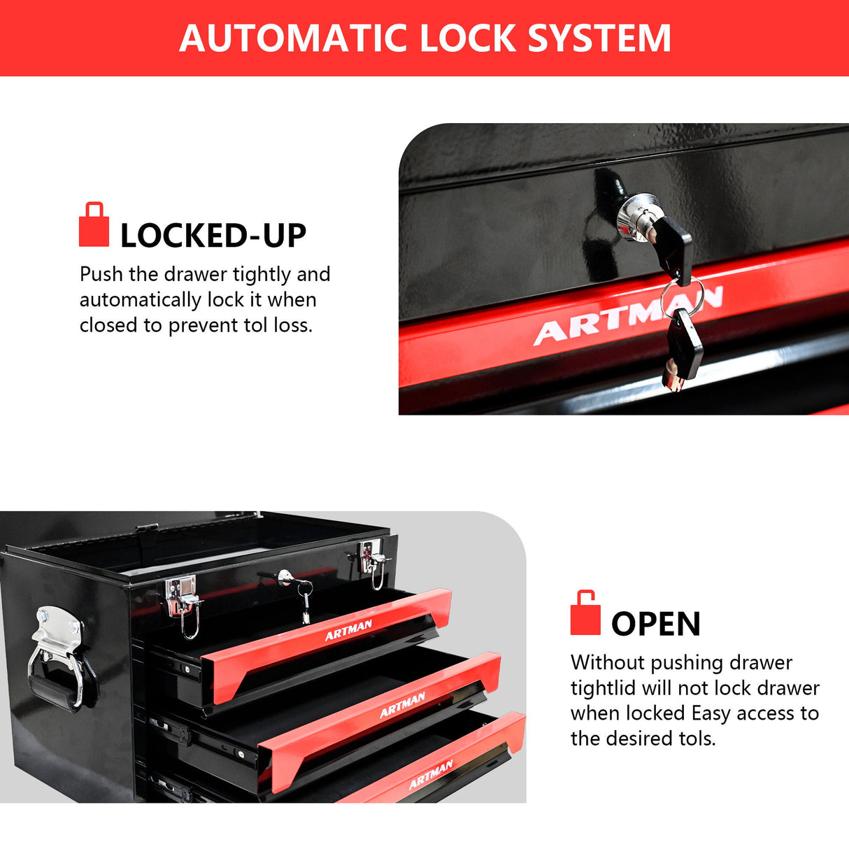 Portable 20" Steel Tool Box With 3 Drawers And Metal Latch Closure - Black / Red