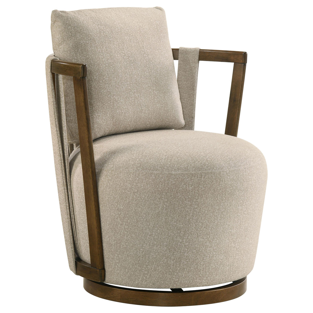 Greige Fabric Swivel Accent Chair with Wood Base