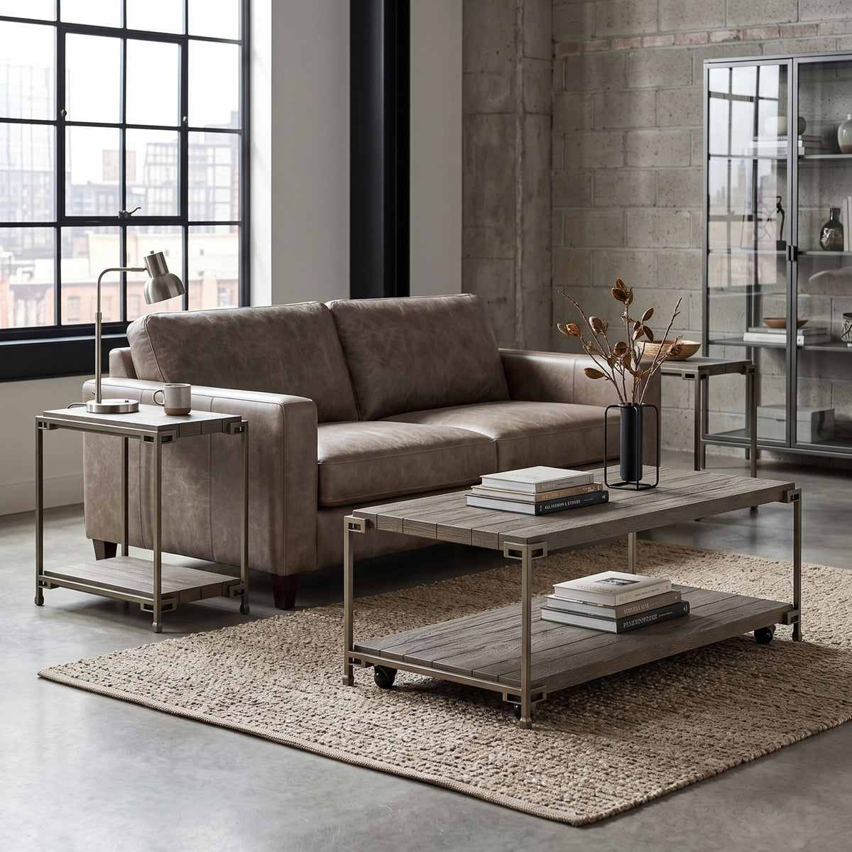 Corbeta - 3 Piece Metal Frame Wood Living Room Coffee Table And 2 Chairside Tables Set, Aged Graphite - Brown