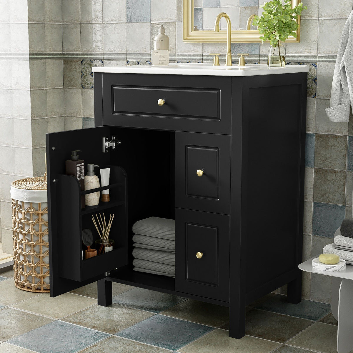 Elegant Bathroom Vanity With Ceramic Sink, Soft Close Doors And Drawers, Double Storage Racks