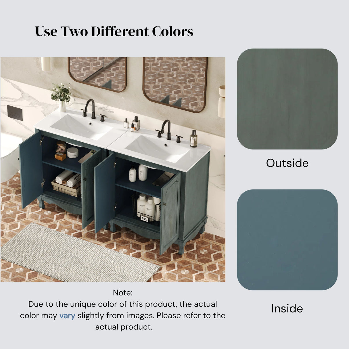 Double Sinks Bathroom Vanity Set, Vintage Bathroom Cabinet With 2 Separate Sinks - Antique Blue Green / Teal