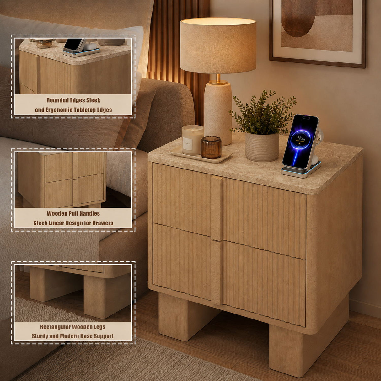 Nightstand With Charging Station And 2 Storage Drawers