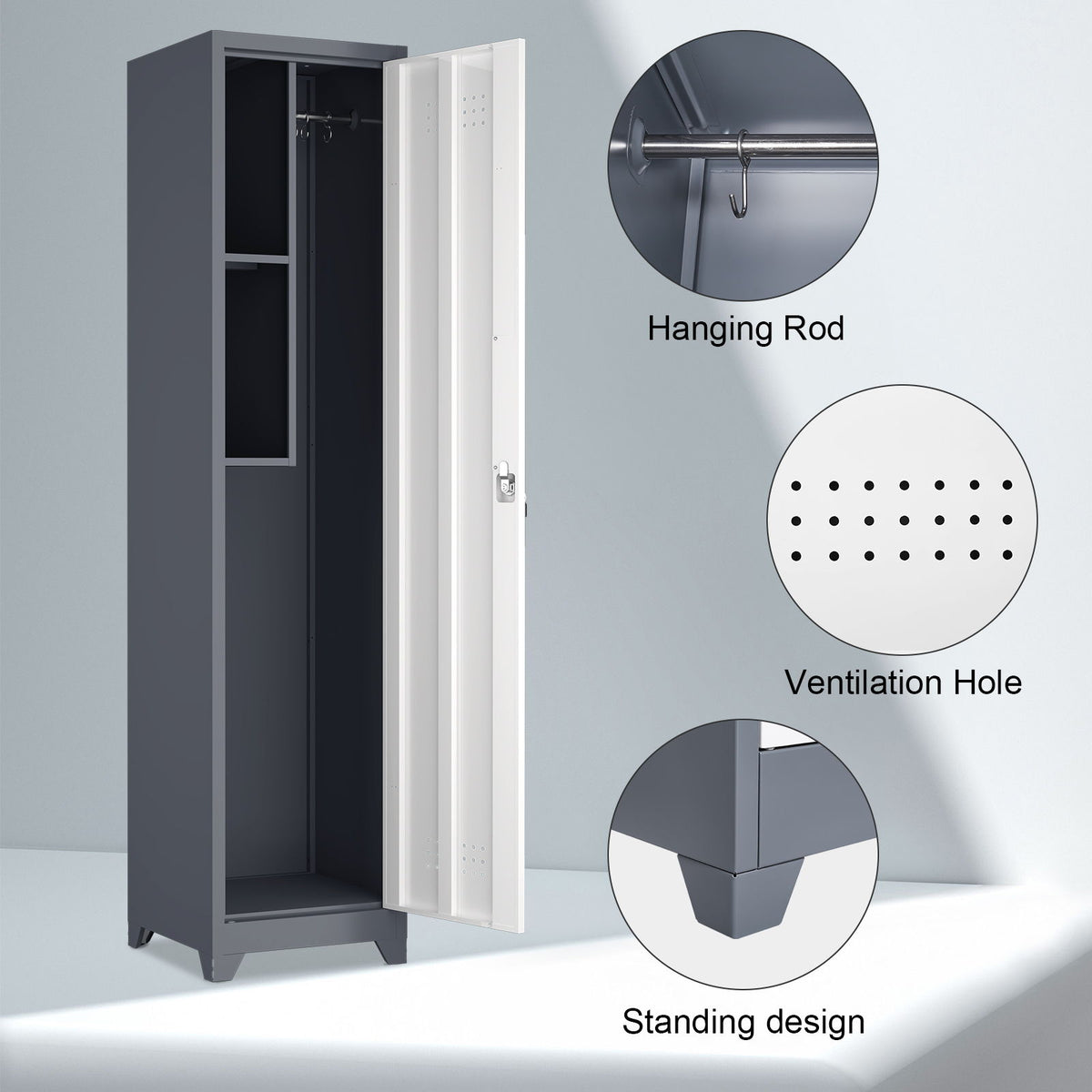 Broom Storage Cabinet, 65" Narrow Slim Utility With Hooks And Shelves, Heavy-Duty Construction - White