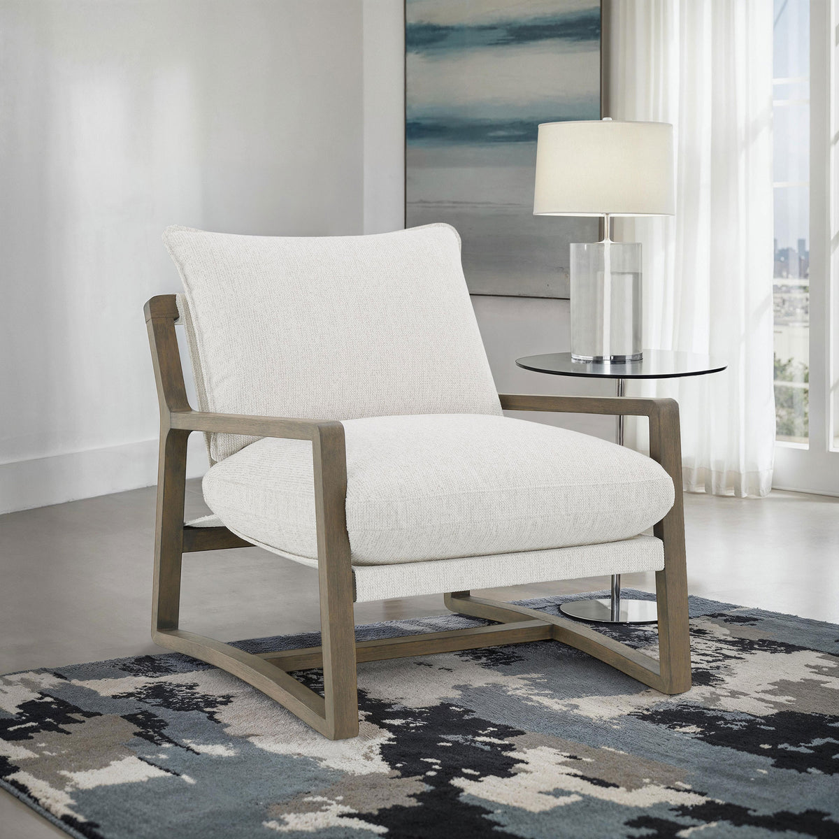 Geneva Boucle Upholstered Wood Arm Accent Chair, Sand
