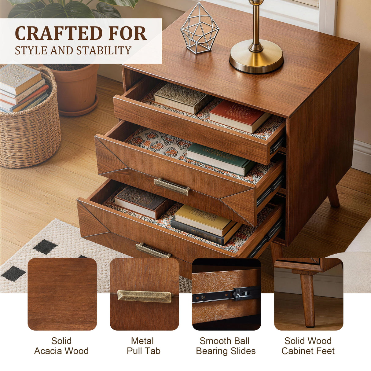 Nightstand With Charging Station, 2 Drawers And Open Shelf, USB / Type C Ports