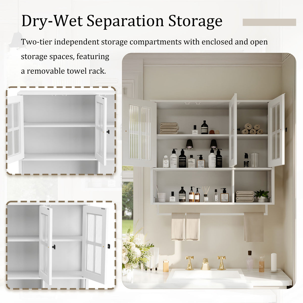 3 Door Wall Cabinet With Glass Door And Towel Bar
