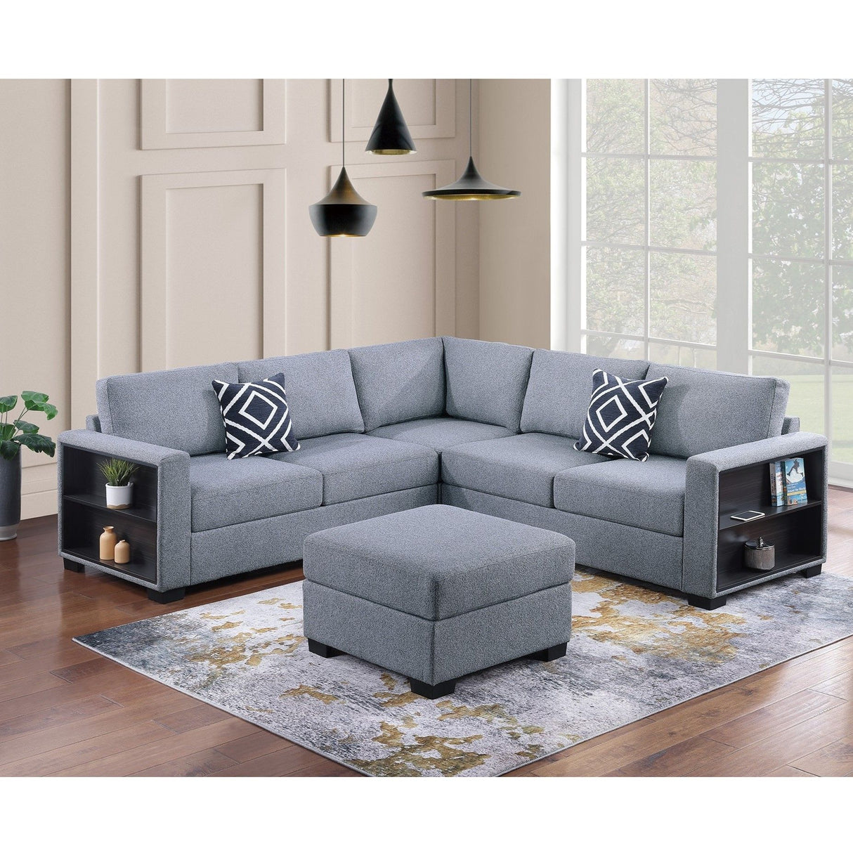 Contemporary Sectional Sofa 4 Piece Set With Built In Shelves L - Shaped Design