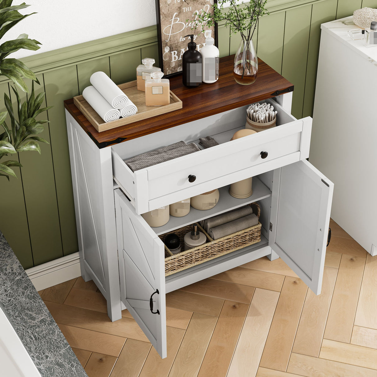Farmhouse Storage Cabinet Kitchen Sideboard with Drawer Wood 30x32.5in