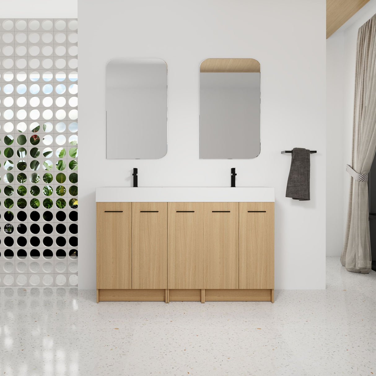 Double Sink Bathroom Vanity With Extra Large Storage, Integrated Sink, Freestanding Cabinet, Soft Close Doors - Glossy White / Light Oak
