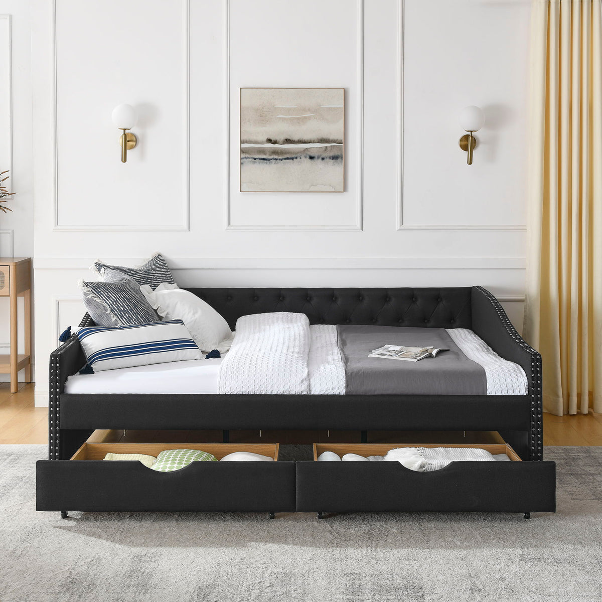 Upholstered Tufted Daybed With 2 Drawers, Waved Arms