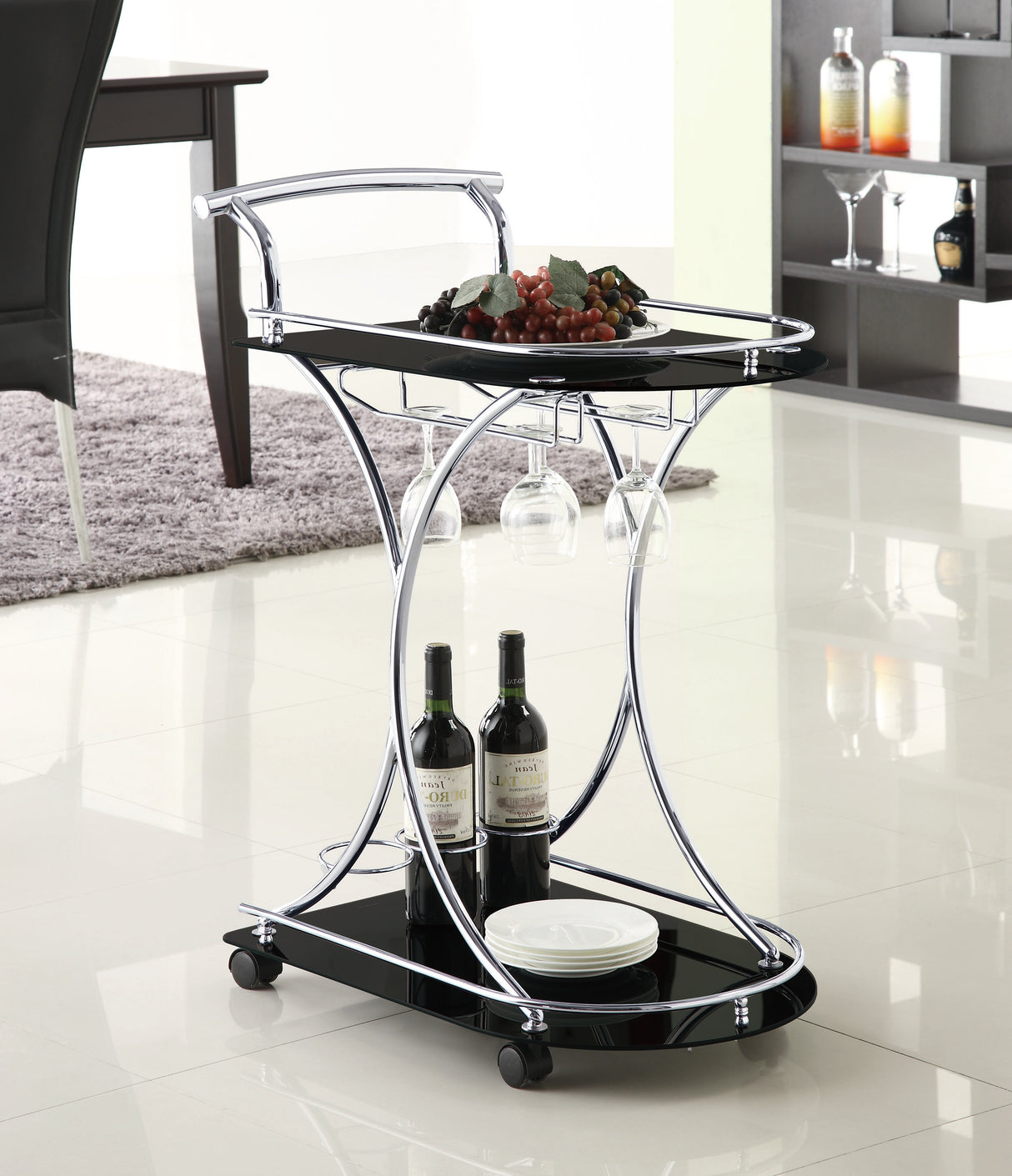 Elfman 2-Tier Glass and Chrome Metal Bar Cart in Black