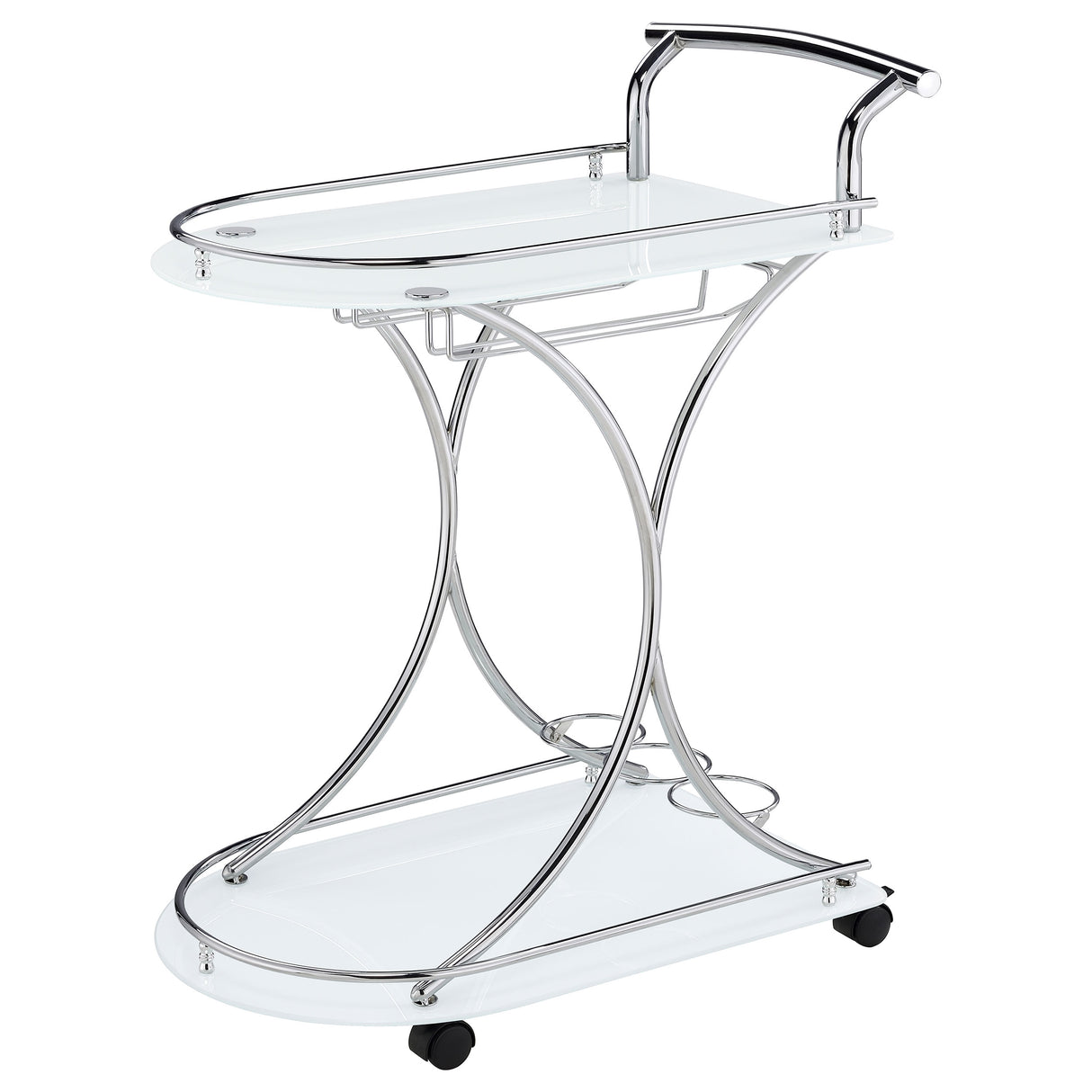 Elfman 2-Tier Glass Shelf Metal Bar Cart, White and Chrome