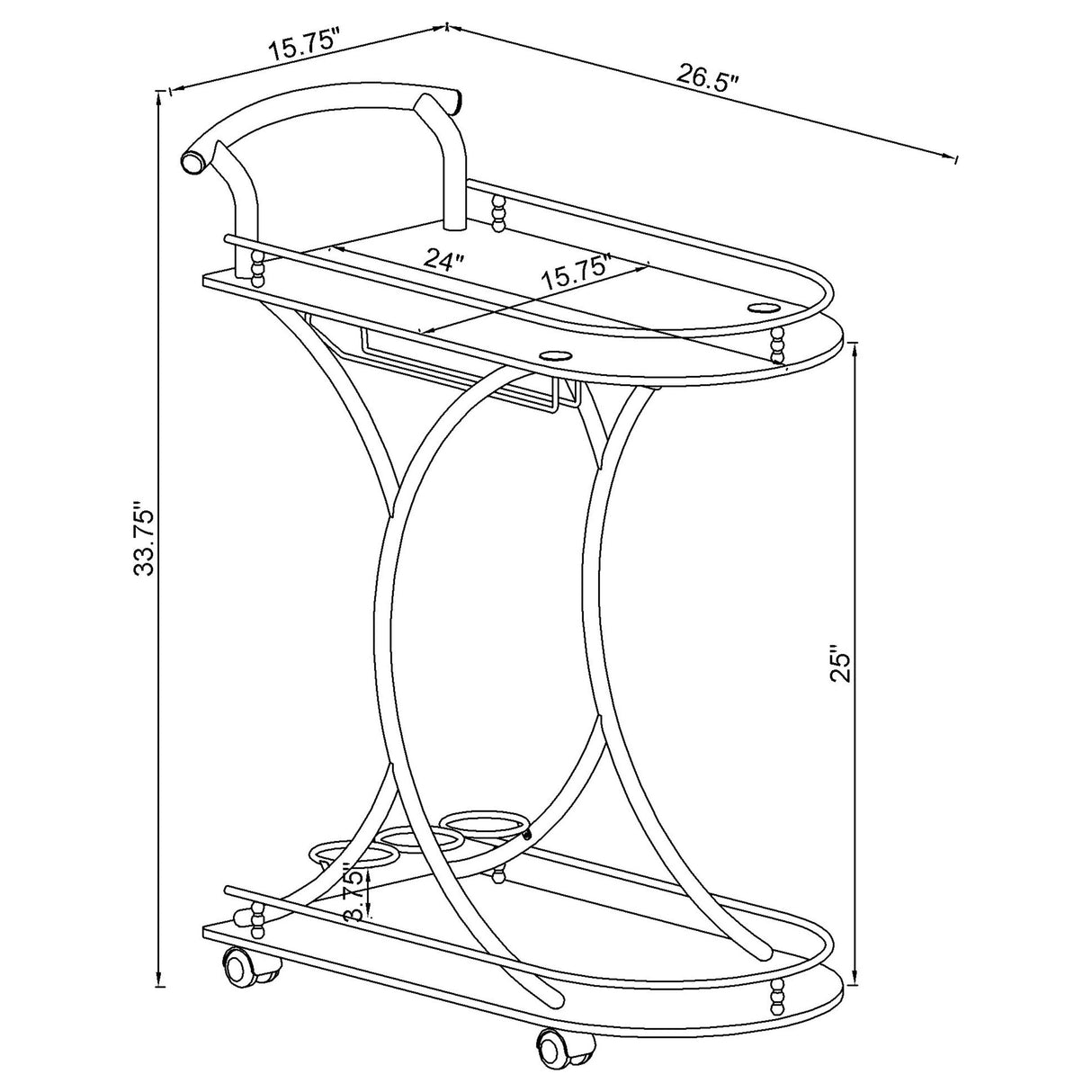 Elfman 2-Tier Glass Shelf Metal Bar Cart, White and Chrome