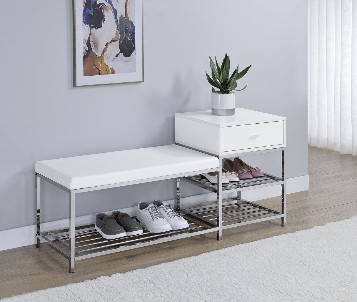Siega 1-Drawer Shoe Storage Bench, White High Gloss and Chrome