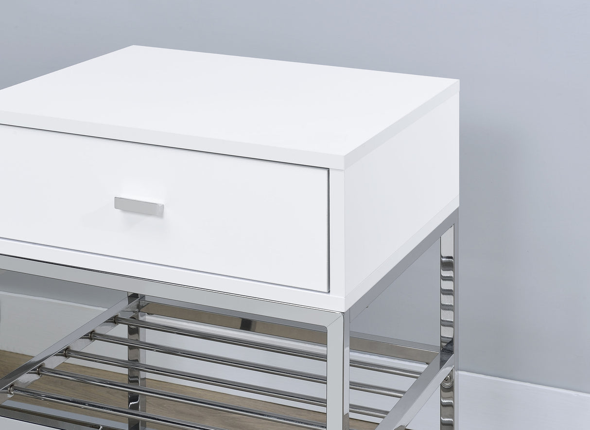Siega 1-Drawer Shoe Storage Bench, White High Gloss and Chrome