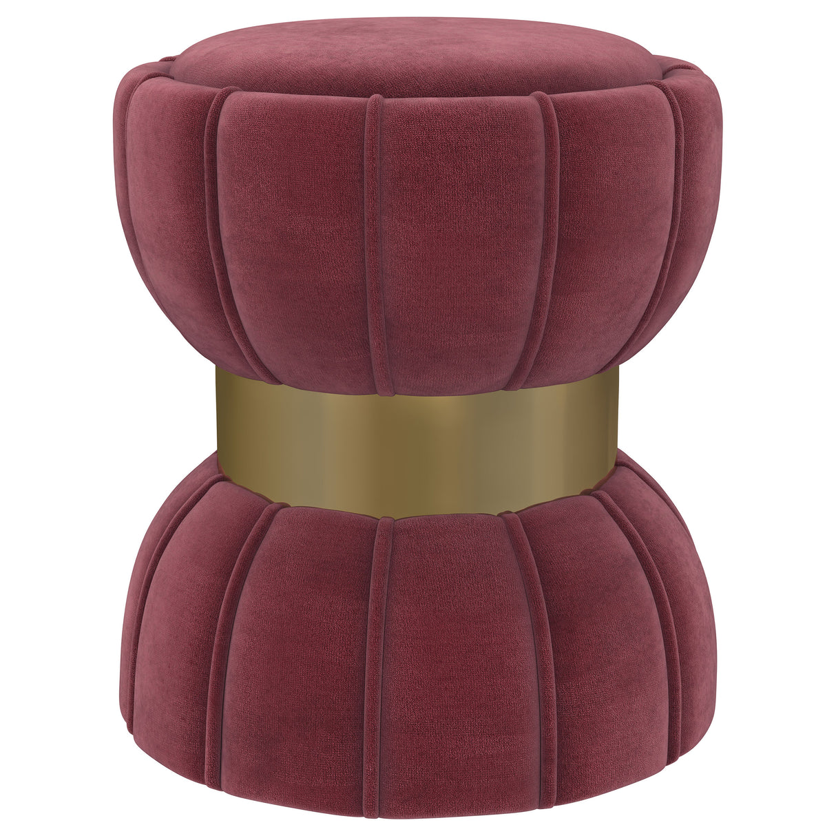 Sora Round Velvet Ottoman in Berry with Gold Band