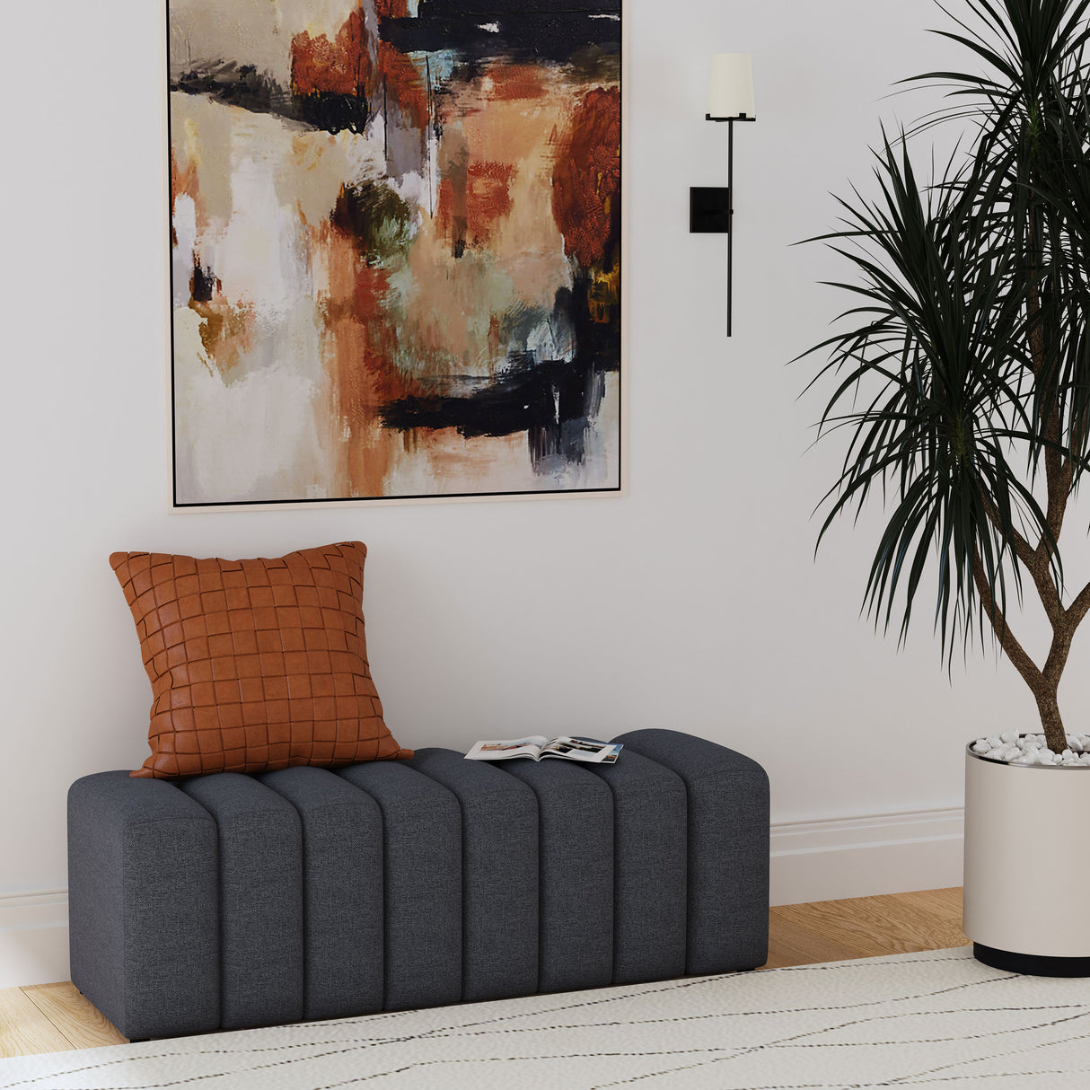 Charcoal Fabric Tufted Accent Bench with Undulating Silhouette
