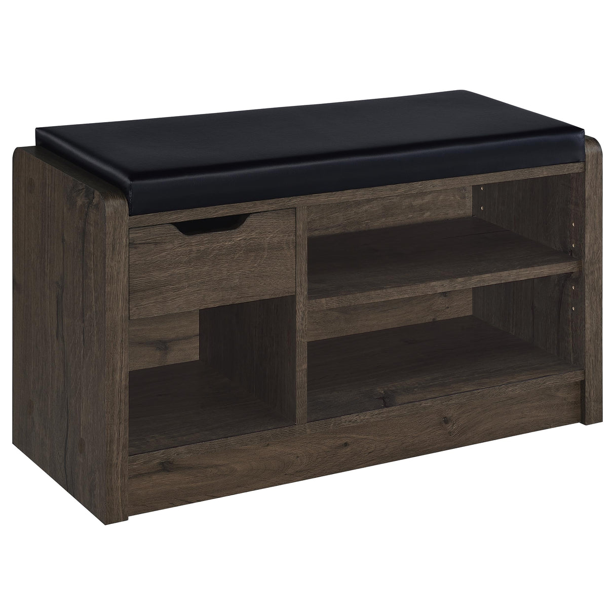 Arrington Storage Bench in Smoked Oak and Black Faux Leather