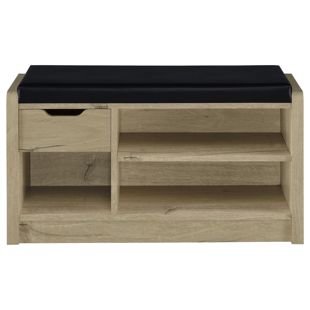 Arrington Storage Bench in White Oak and Black Faux Leather