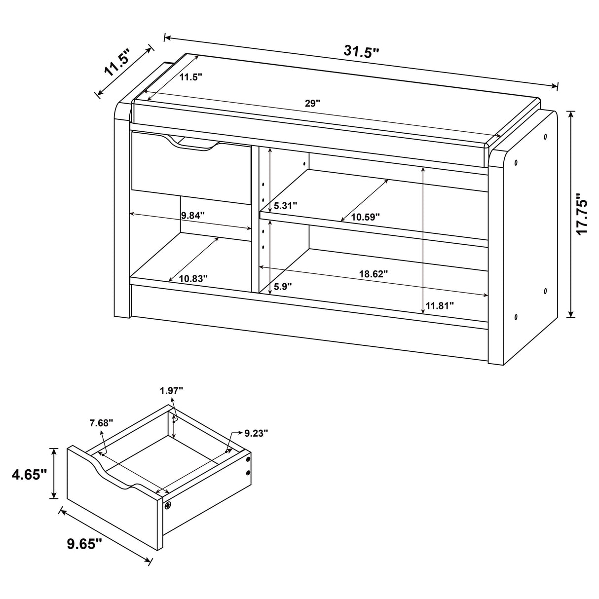Arrington Storage Bench in White Oak and Black Faux Leather