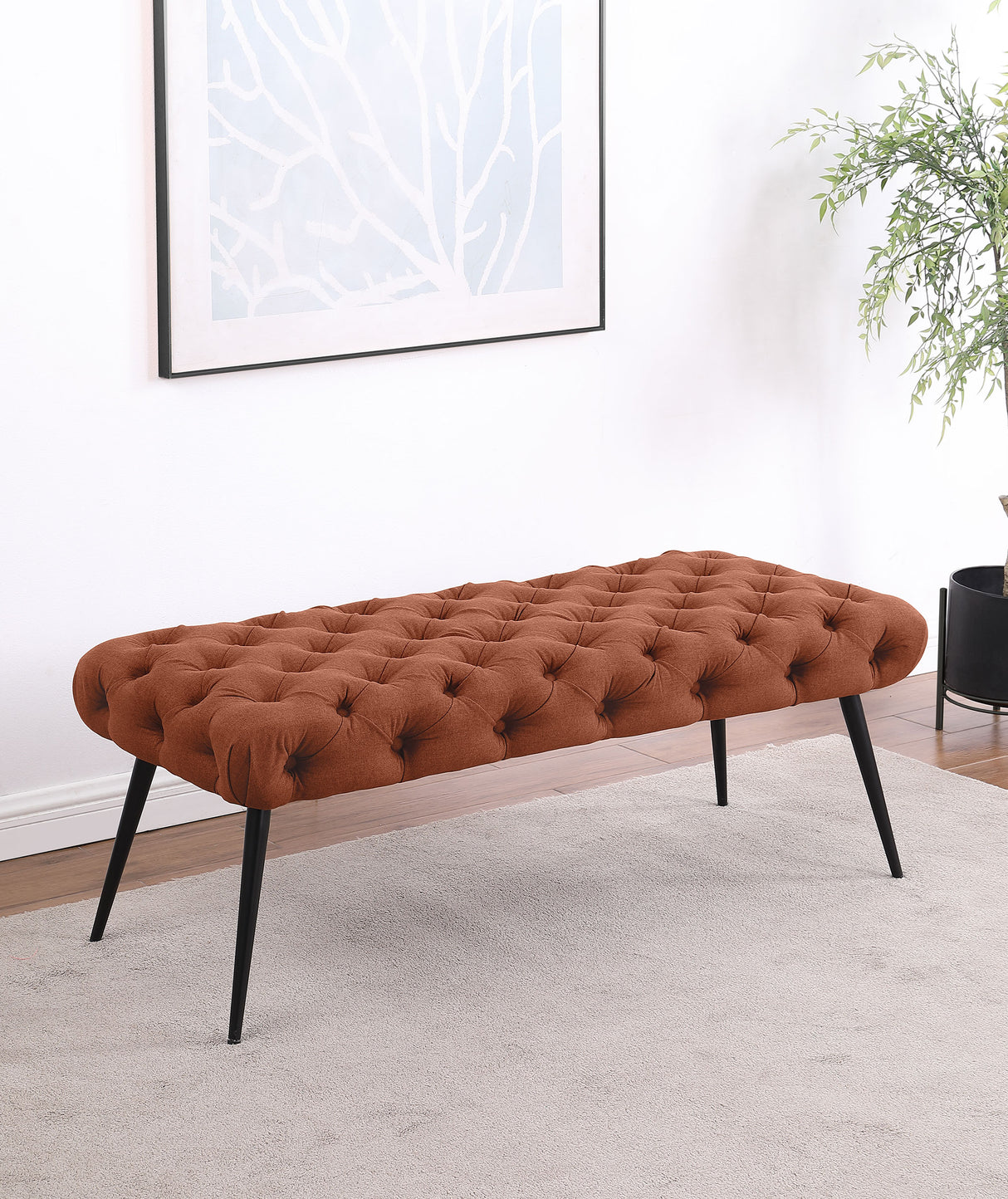 Ella Tufted Upholstered Bench with Metal Legs in Rust