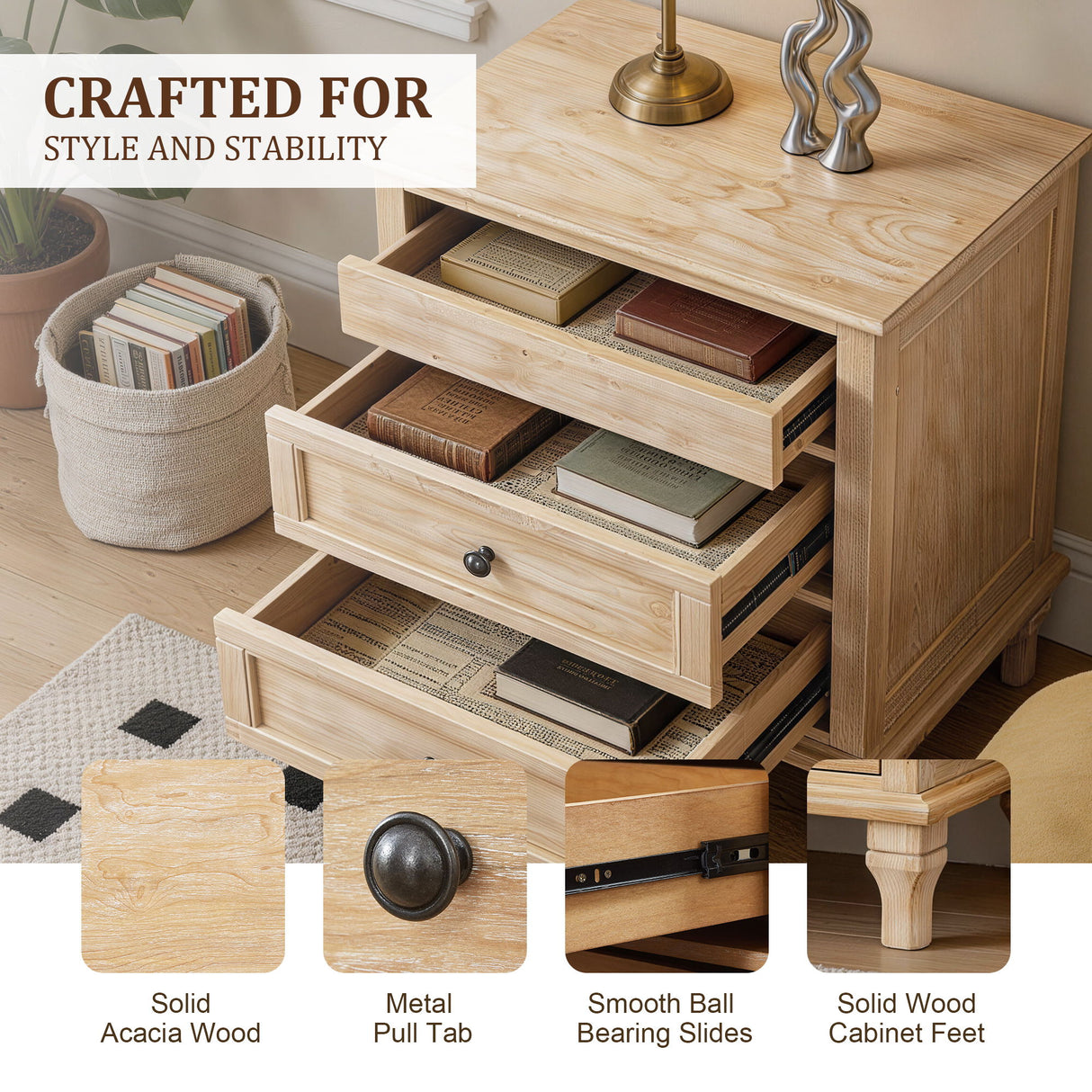 Nightstand With Charging Station, 3 Drawer Storage Table
