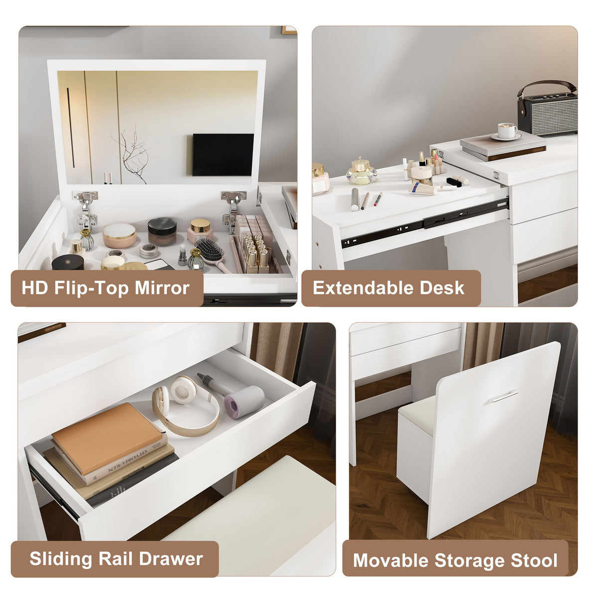 Folding Desk With Mirror And Storage Stool For Bedroom Or Apartment - White