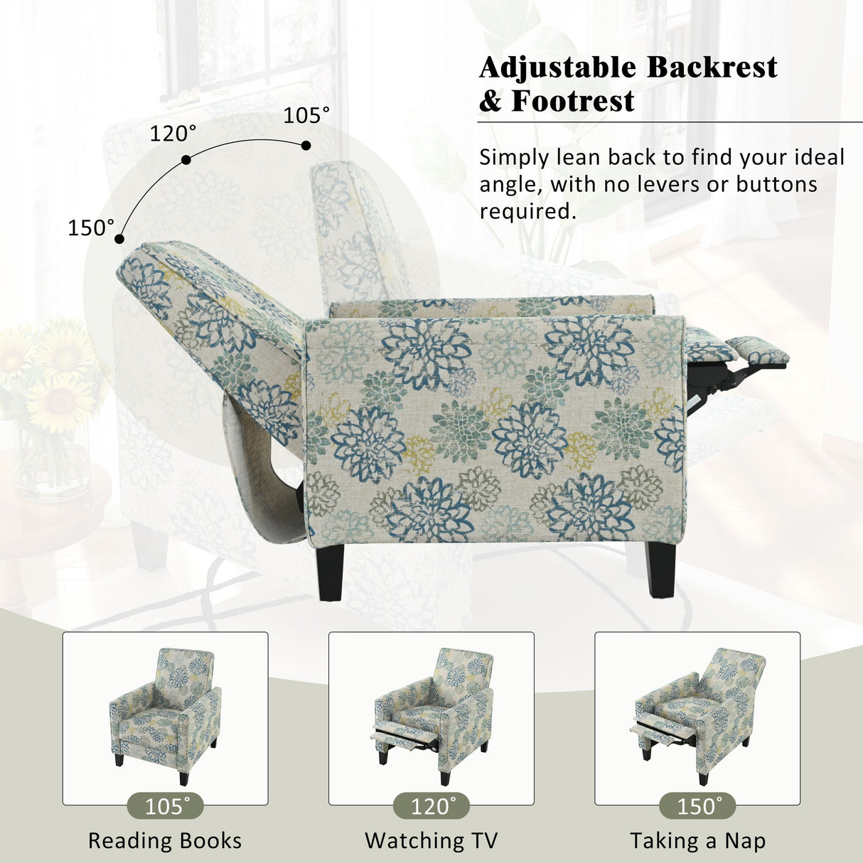 Upholstered Push Back Recliner Chair For Living Room - Blue