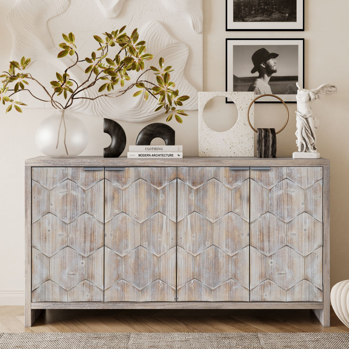 Accent Cabinet Farmhouse Style 4 Door Wooden Cabinet Sideboard Buffet Server Cabinet Storage Cabinet, For Living Room, Entryway, Hallway, Office, Kitchen And Dining Room - Natural Wood Wash