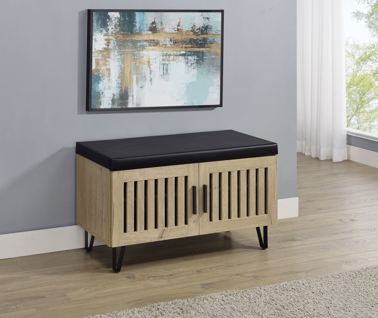 Brixton 2-Door Shoe Storage Bench with Padded Seat, White Oak