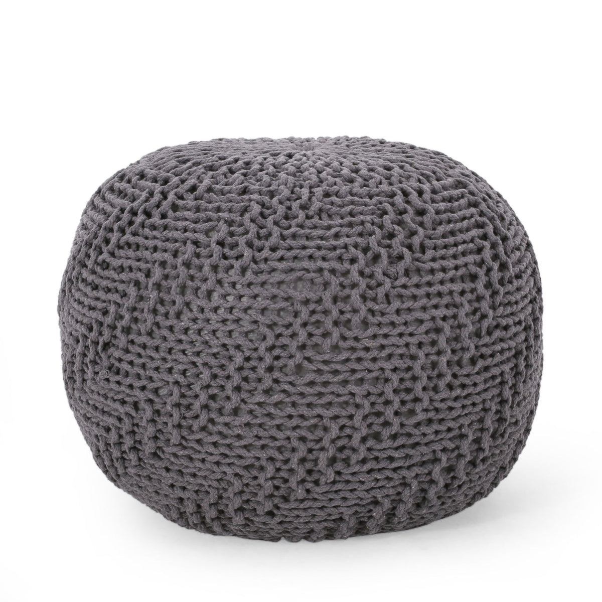 Hazel - Modern Knitted Cotton Yarn Round Pouf With Eco Friendly Pet Fibers - Dark Gray