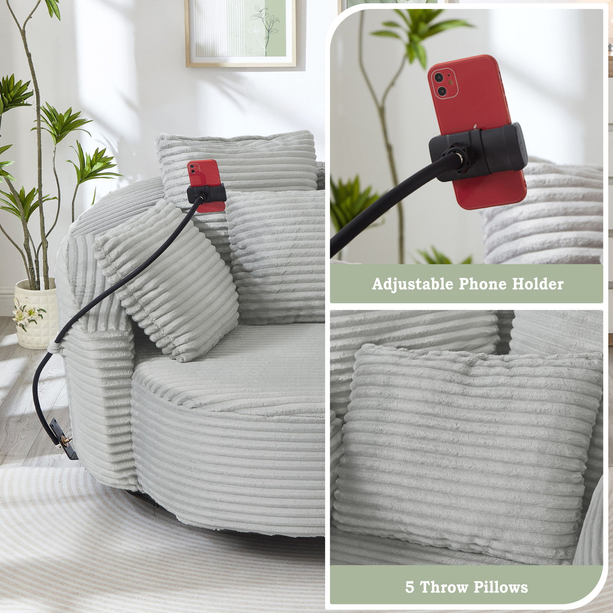 Swivel Accent Barrel Chair With Adjustable Phone Holder, 5 Pillows For Living Room