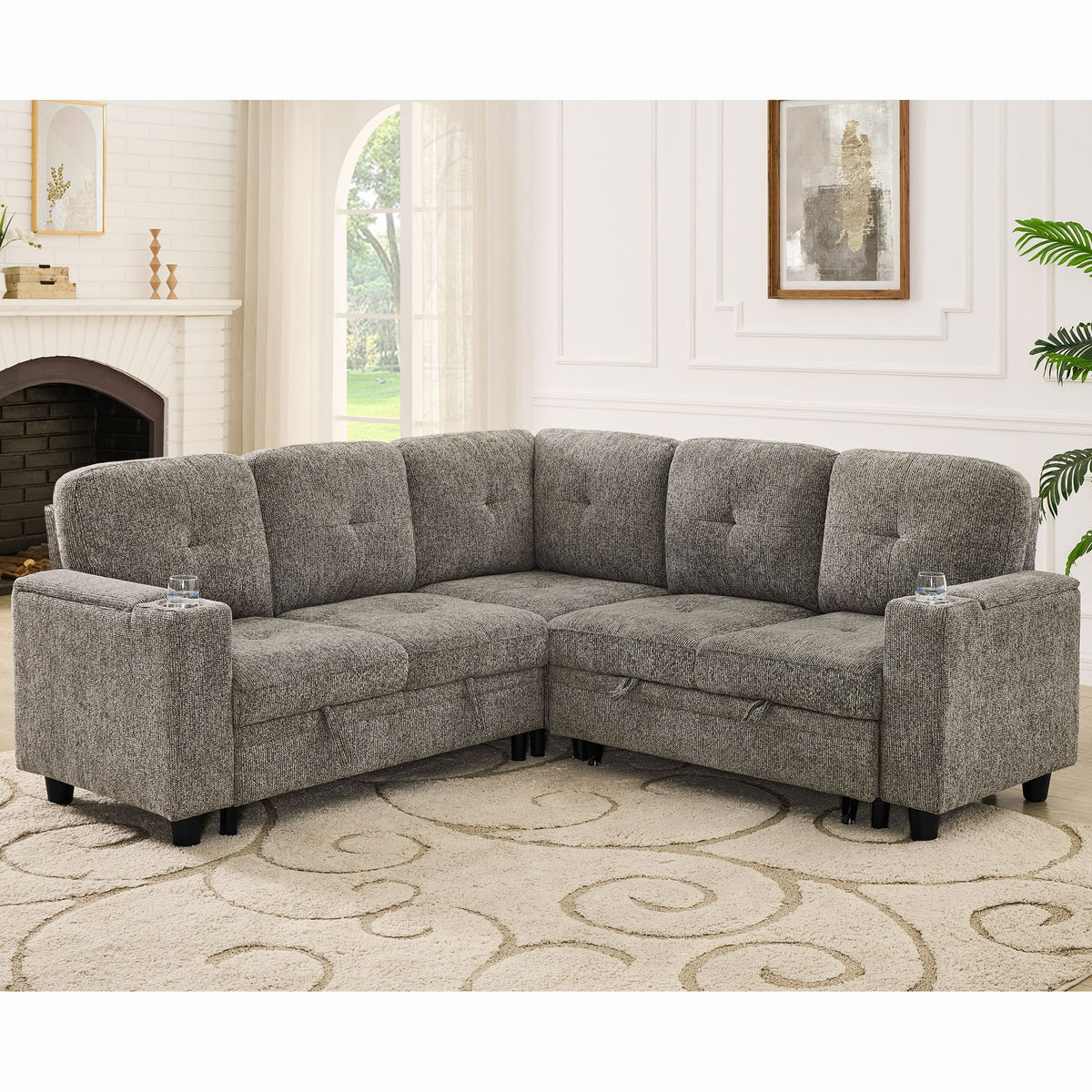 5 Seat Reversible L - Shaped Sleeper Sofa, Pull Out Convertible Sectional Couch With Storage, USB C - Charger, Cup Holders Modular Sofa Bed - Gray