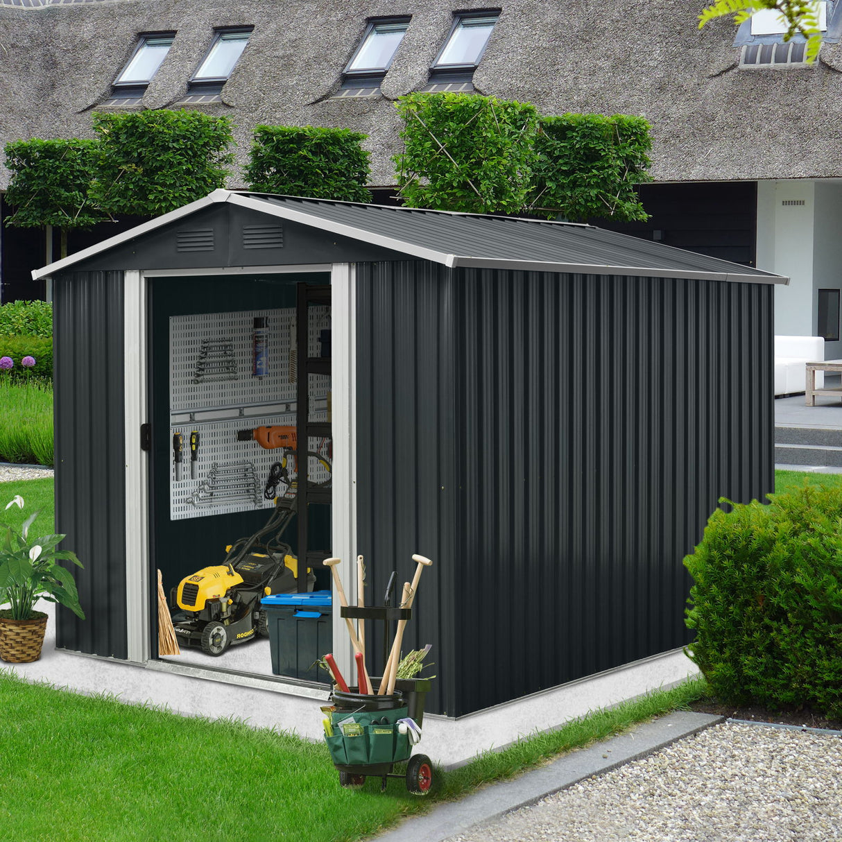 Outdoor Metal Storage Shed Garden Building Heavy Duty with Floor Base