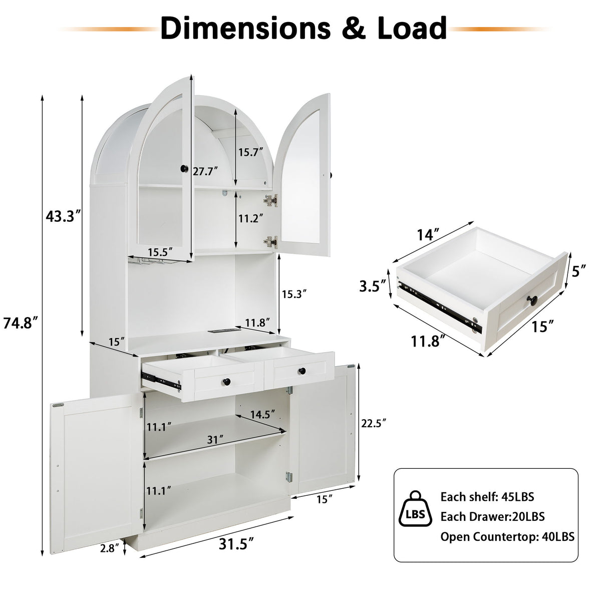 Tall Arched Pantry Cabinet With Charging Station, Adjustable Shelves, Coffee Bar