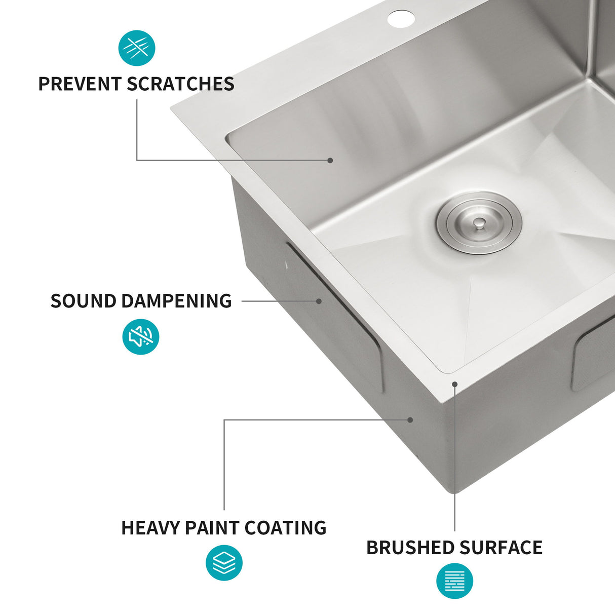 Drop In Kitchen Sink, 16 Gauge Stainless Steel, Single Bowl, Topmount Basin