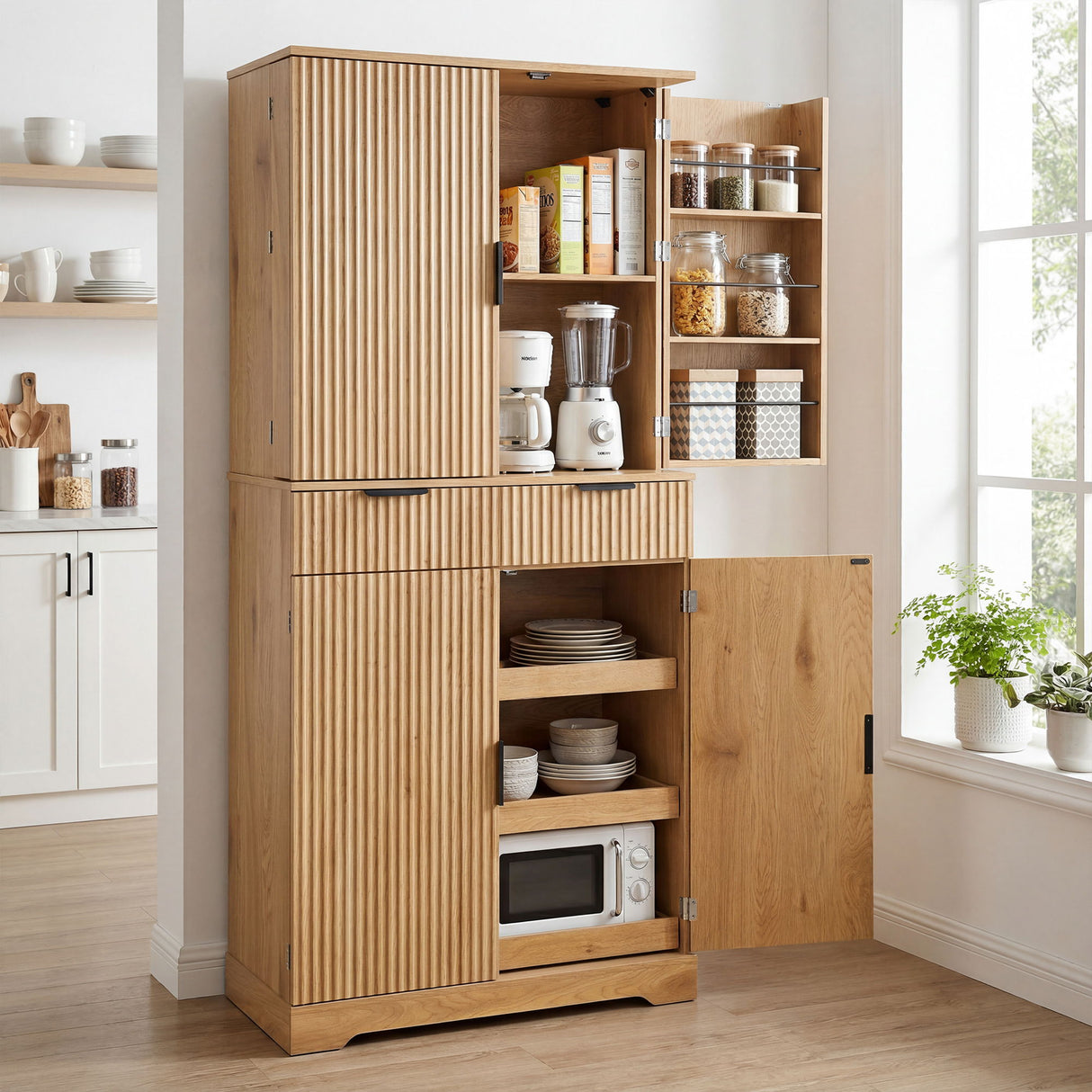 Fluted Kitchen Pantry Cabinet With 3 Keyboard Drawers & 6 Door Shelves Adjustable