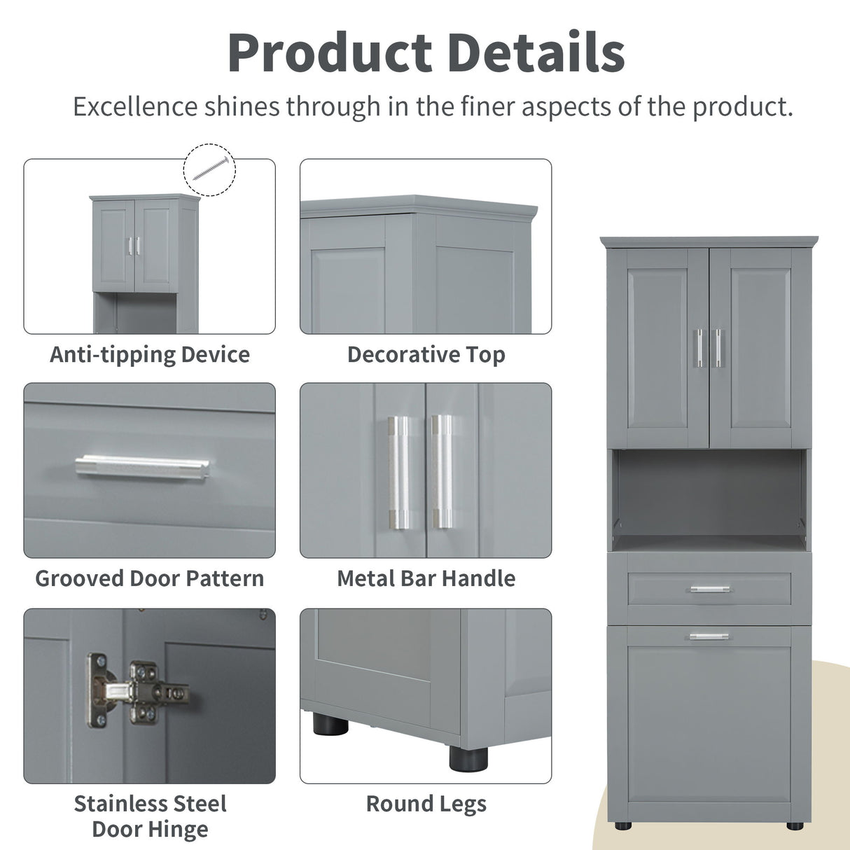 Tall Bathroom Cabinet With Tilt-Out Laundry Basket And Upper Storage