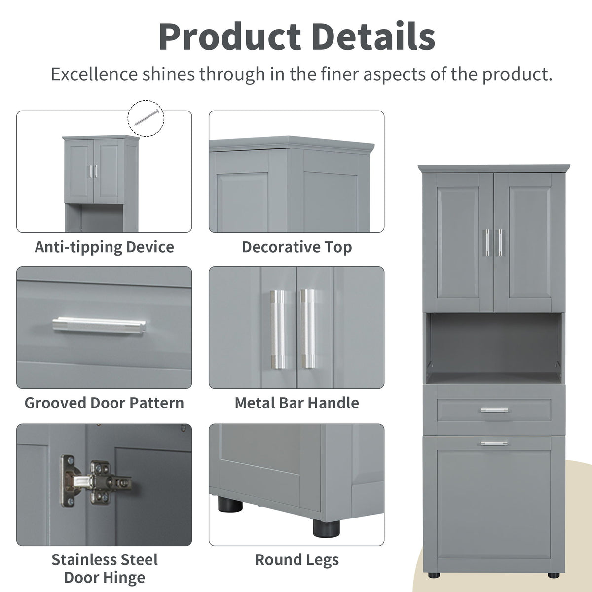 Tall Bathroom Cabinet With Tilt-Out Laundry Basket And Upper Storage