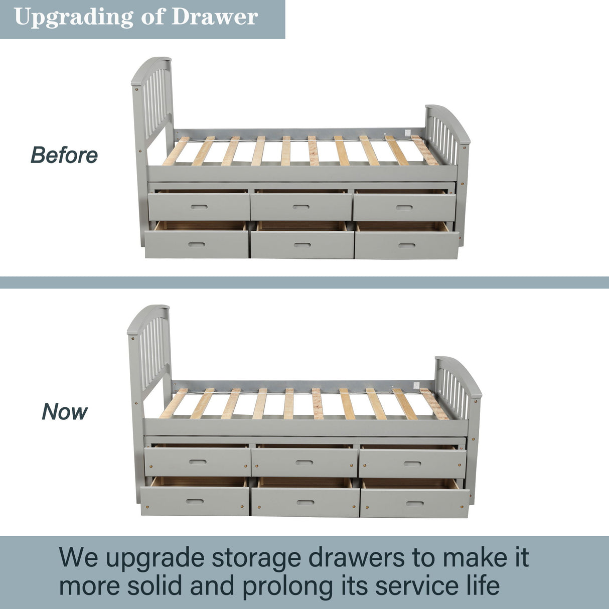 Twin Size Platform Storage Bed Solid Wood Bed With 6 Drawers - Gray