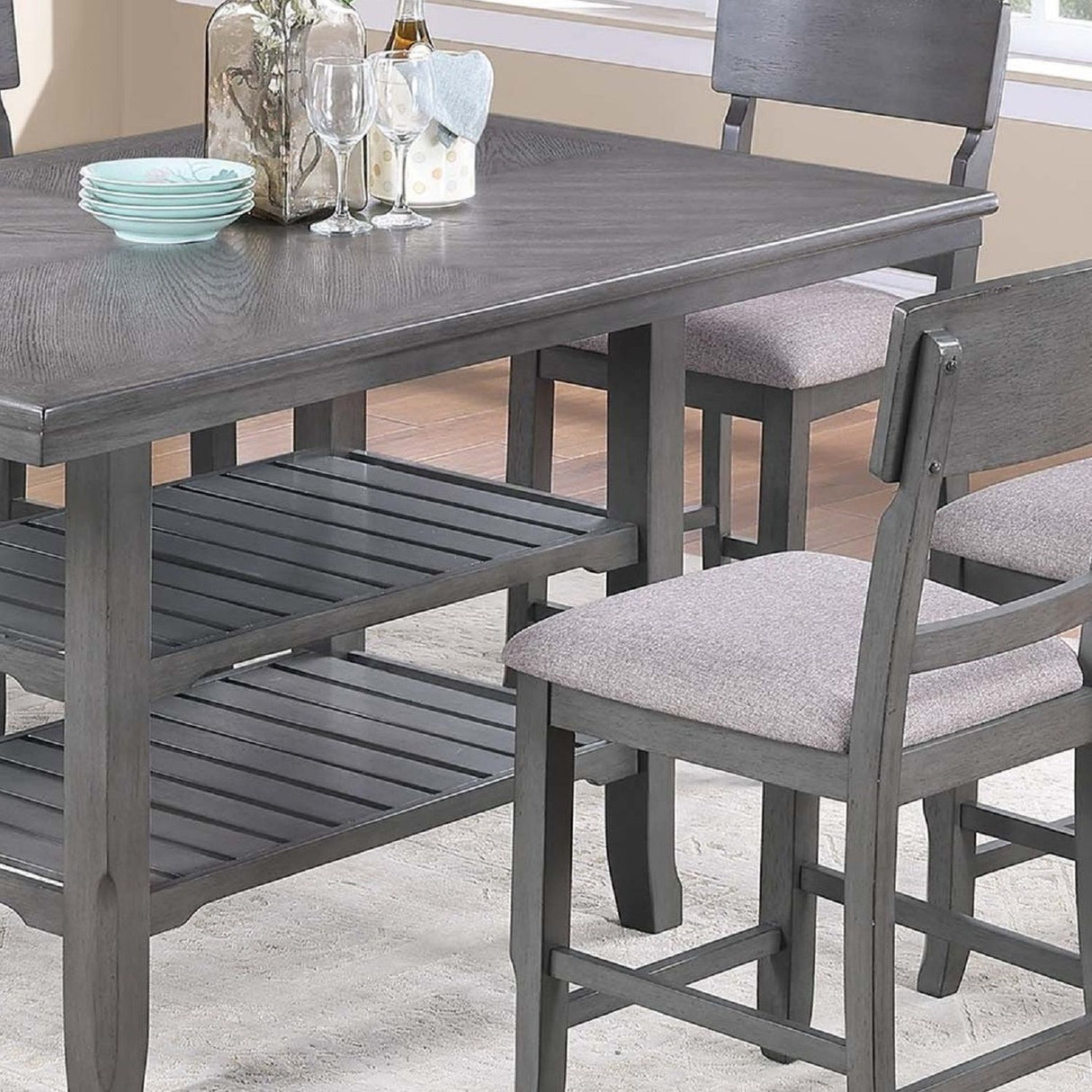 7 Piece Counter Height Dining Set With Storage Shelves, Table & 6 High Chairs - Gray