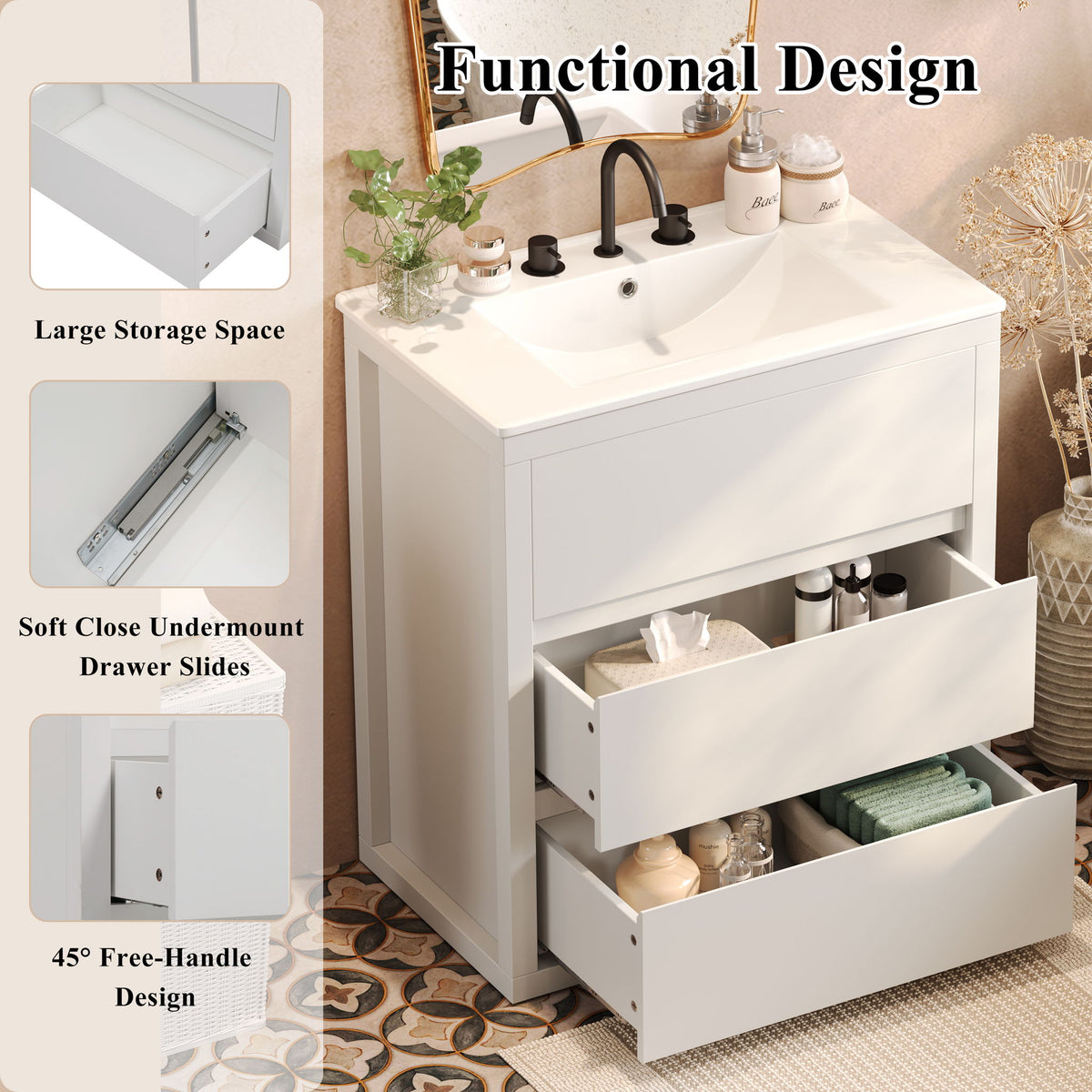 Double Sinks Bathroom Vanity Set With 2 Ceramic Basins