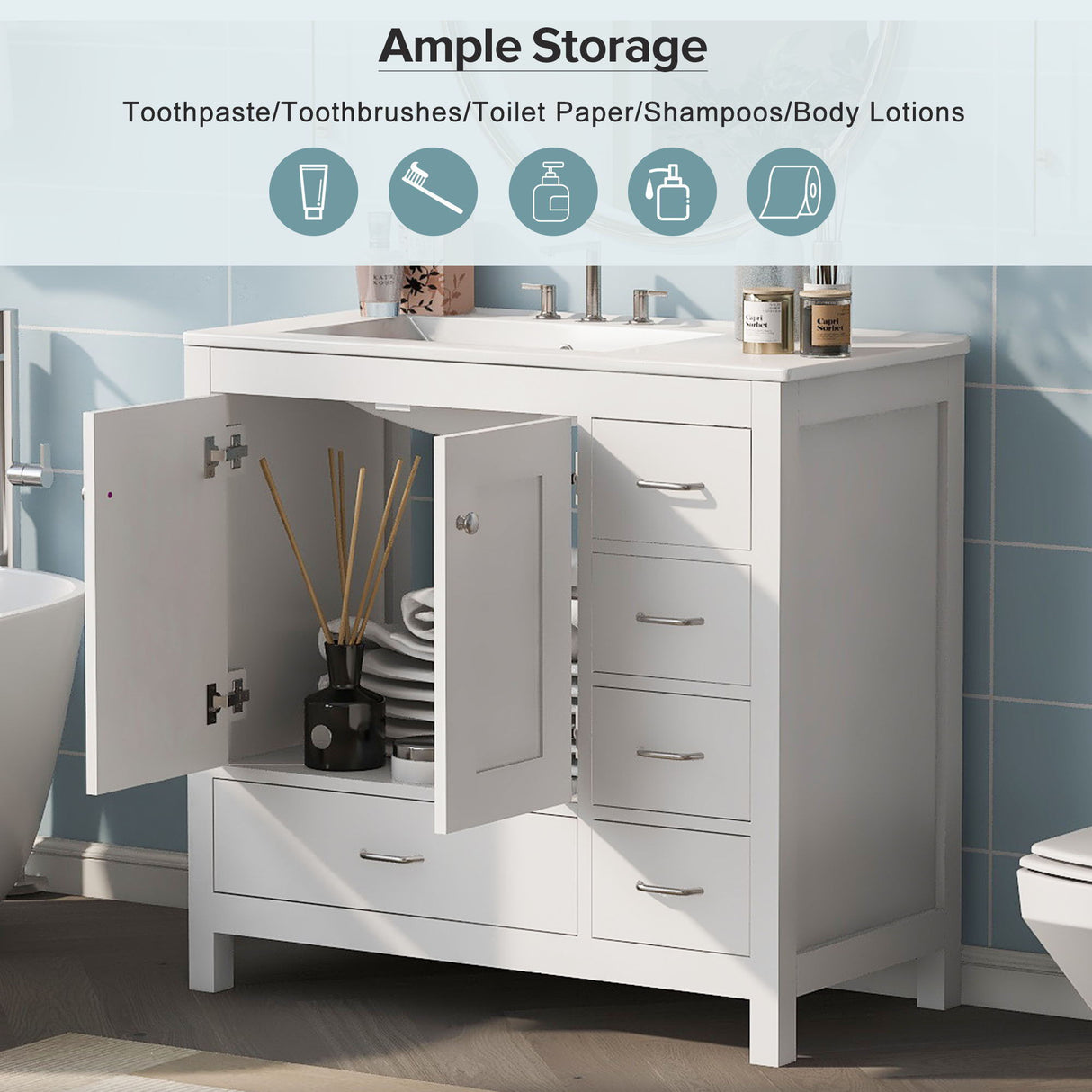 Bathroom Vanity With Sink Combo, 2 Soft Close Doors And 5 Drawers