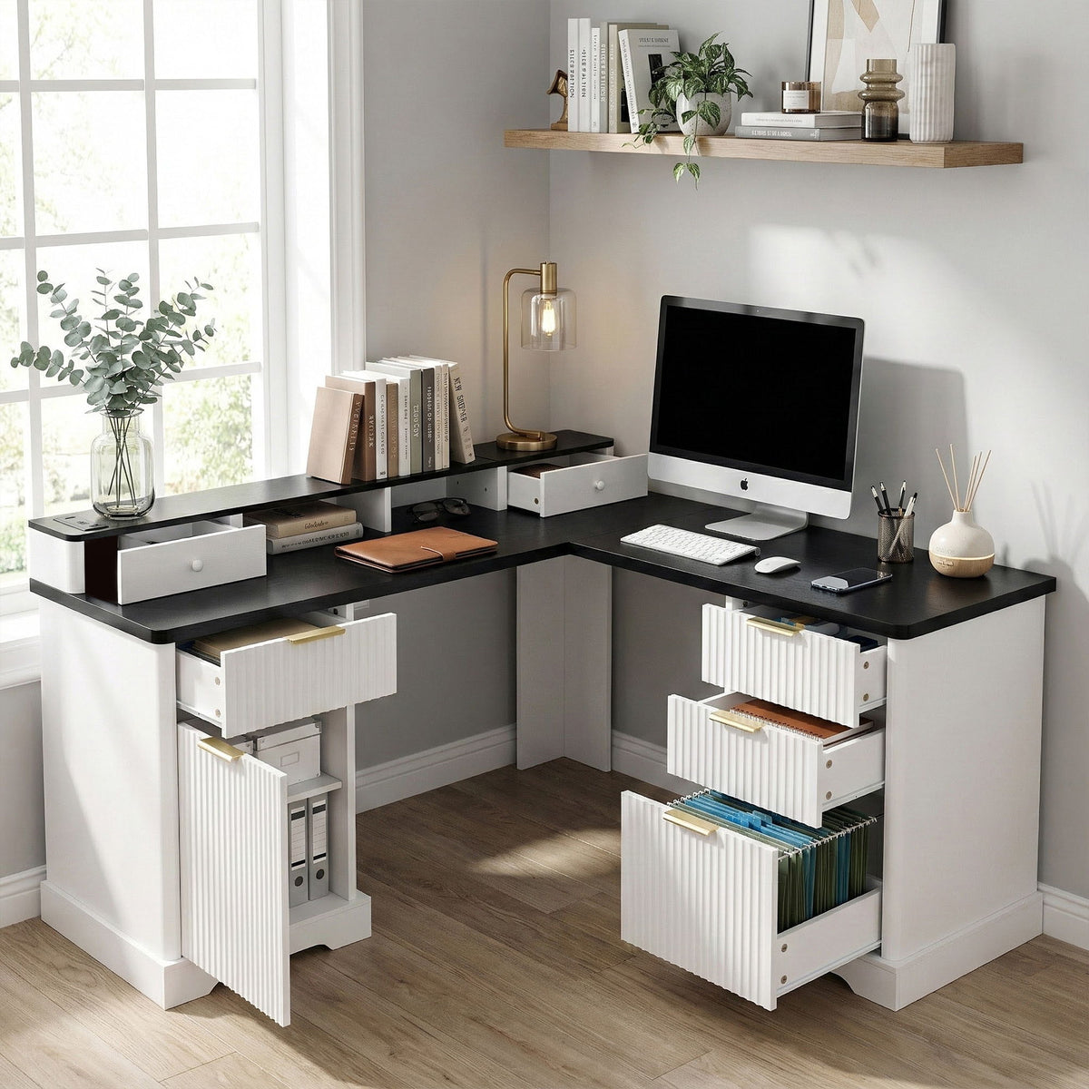 L-Shaped Desk With Charging Station & Storage Cabinet, Home Office Desk With Monitor Stand, File Drawer, Adjustable Shelf - White