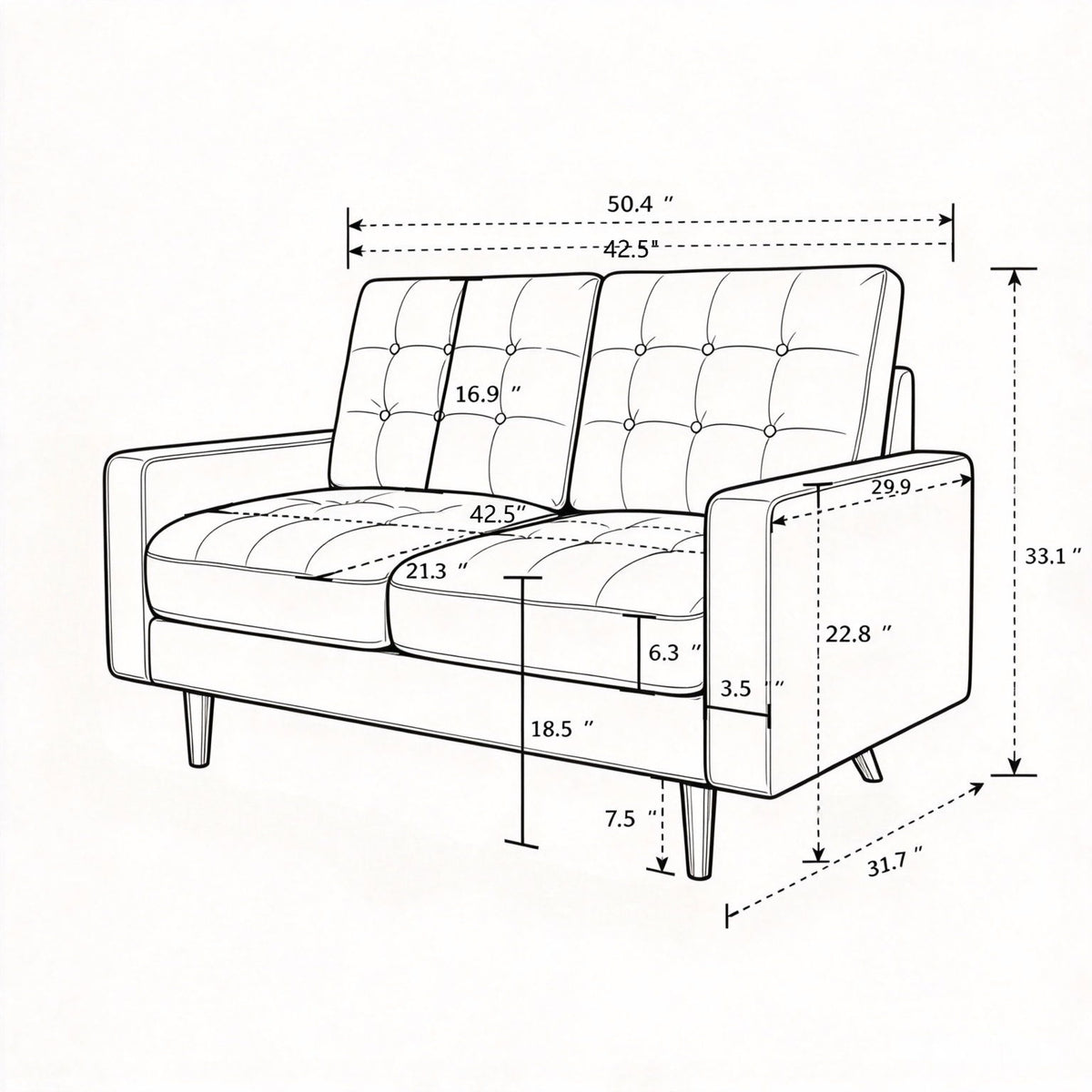 Loveseat Sofa, Tufted Back Upholstered 2 Seat Couch