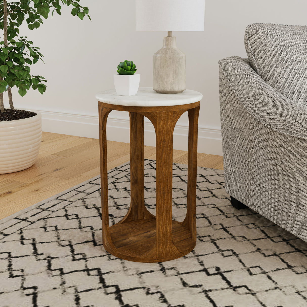 Berkeley Round Marble Top Side Table, White and Brown